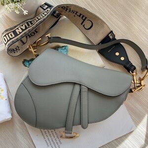 Dior Sage Grey Saddle Crossbody Bag with Branded Canvas Strap